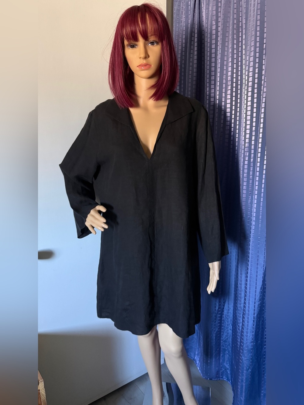 Peter Cohen USA Black 100% Linen Shift Dress XL V-Neck Long Sleeve 47” Bust